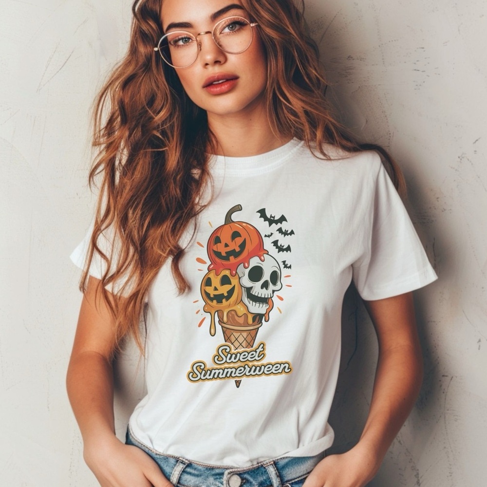 Sweet Summerween Graphic T-Shirt Pumpkin Skull Spooky Design Tee